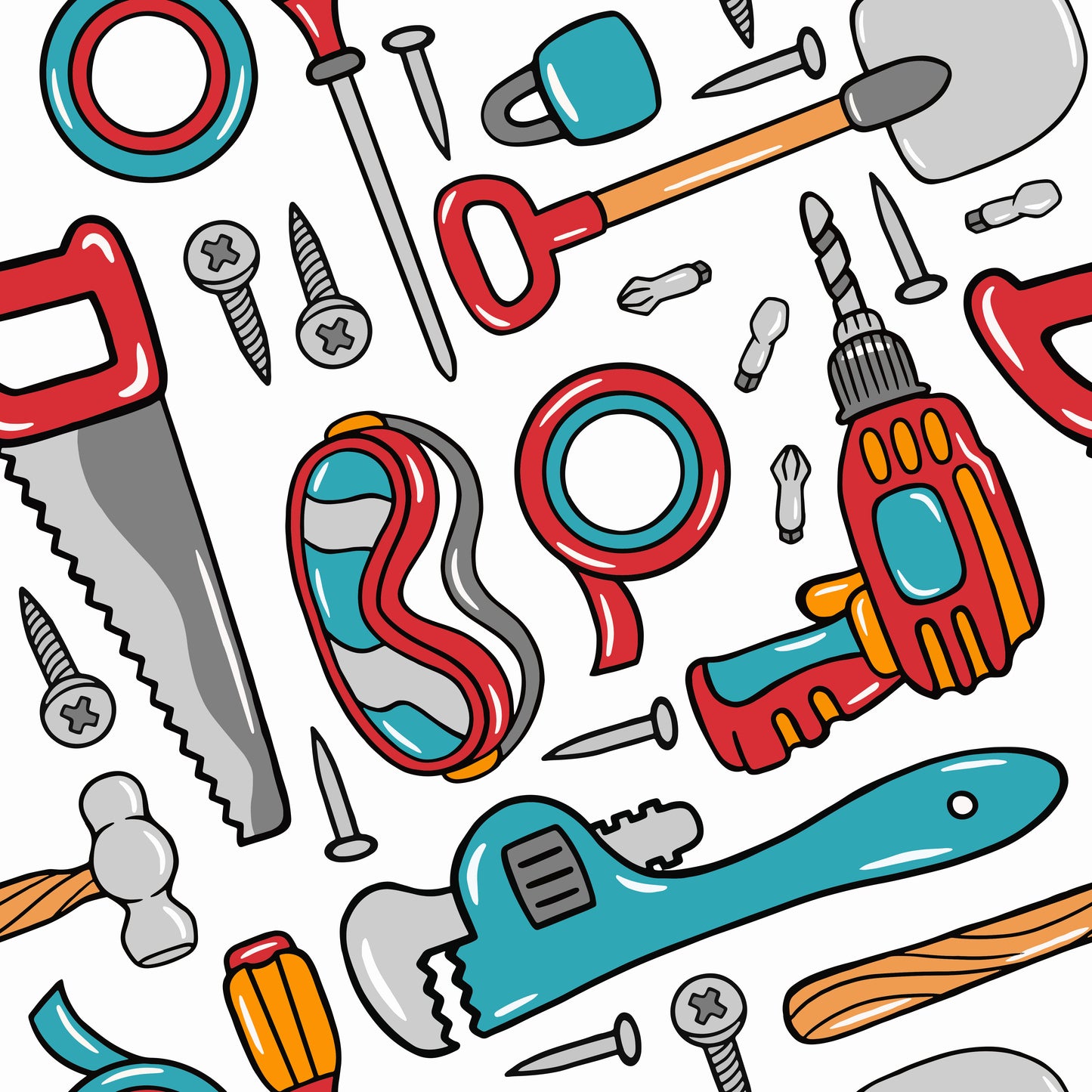 Colorful pattern of various tools on a white background