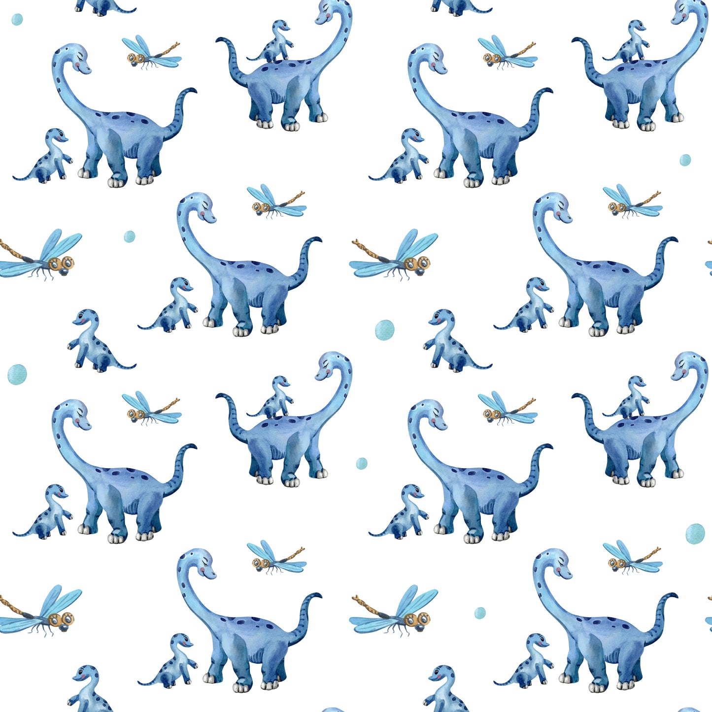 Pattern of blue dinosaurs and dragonflies on a white background