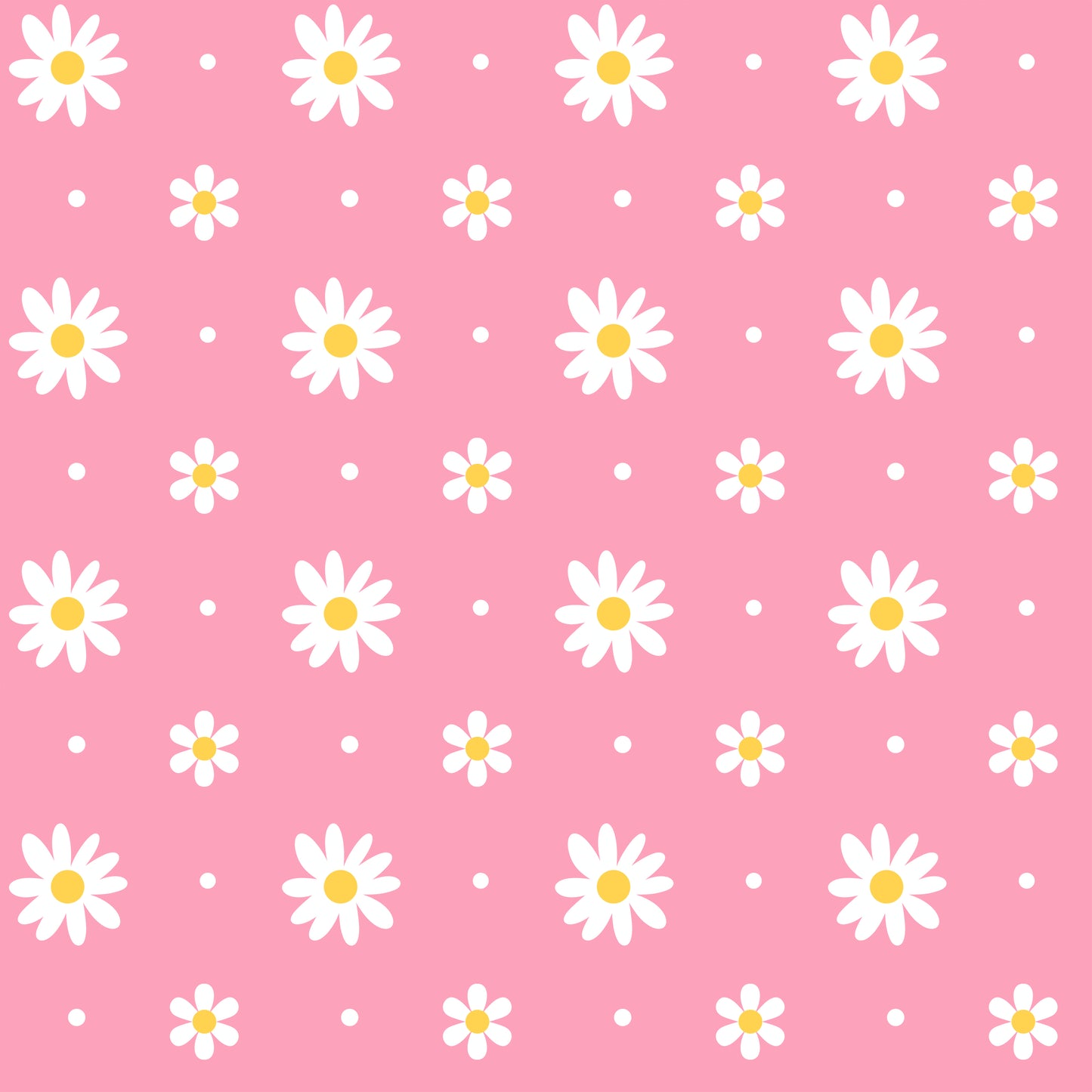 Pattern of white daisies with yellow centers on a pink background