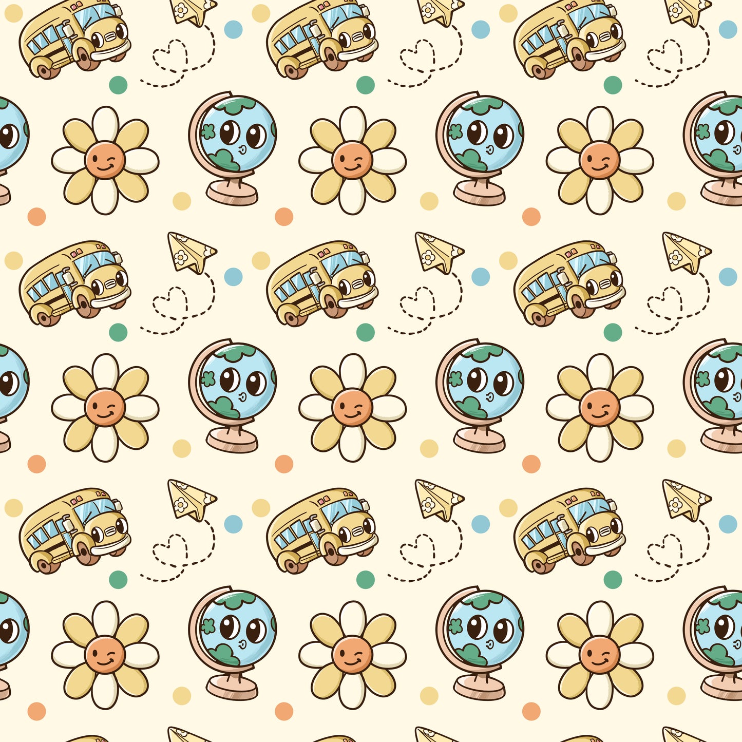 Pattern of cartoon school buses, flowers, and globes on a beige background