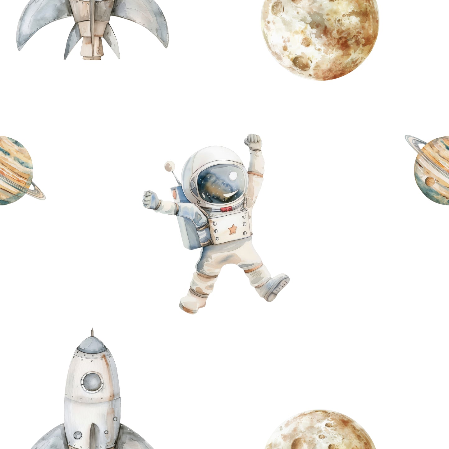 Illustrations of an astronaut, space shuttle, and planets on a white background