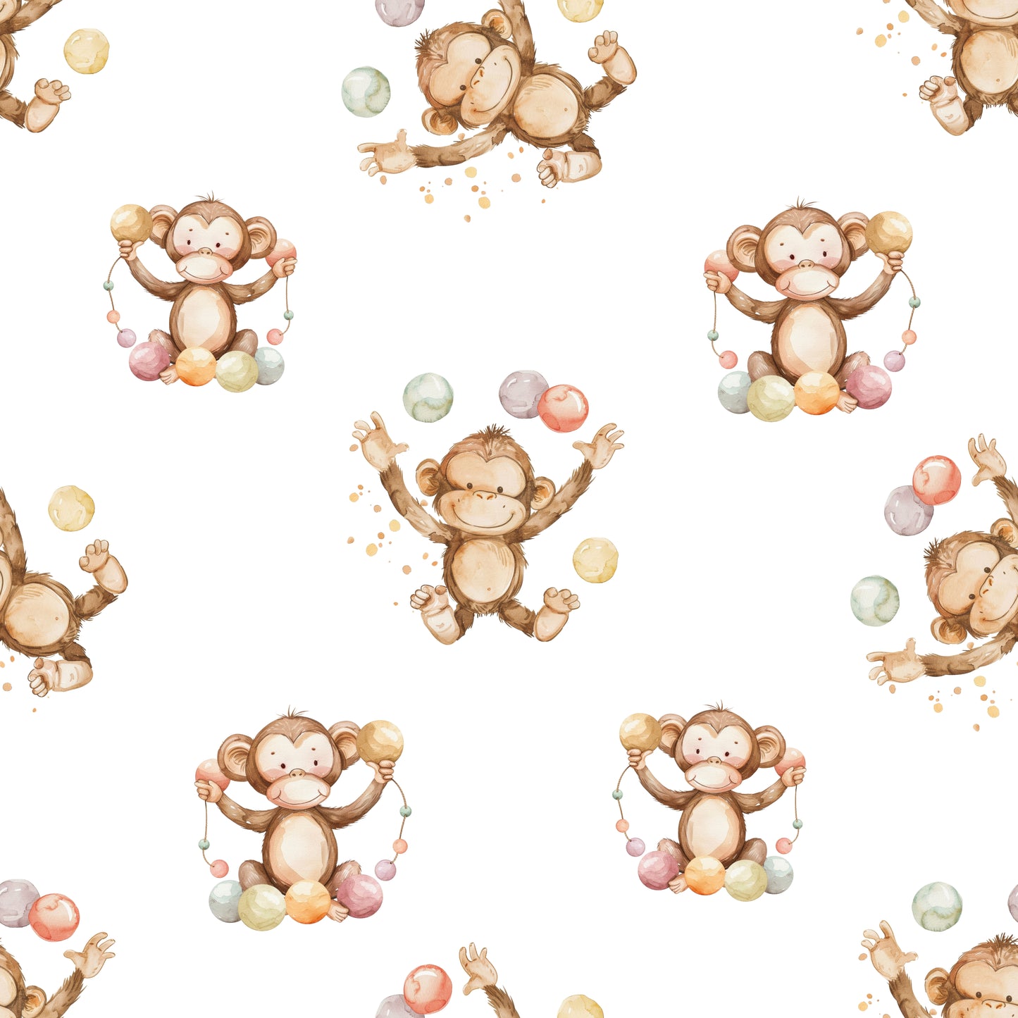Pattern of cartoon monkeys with colorful balls on a white background