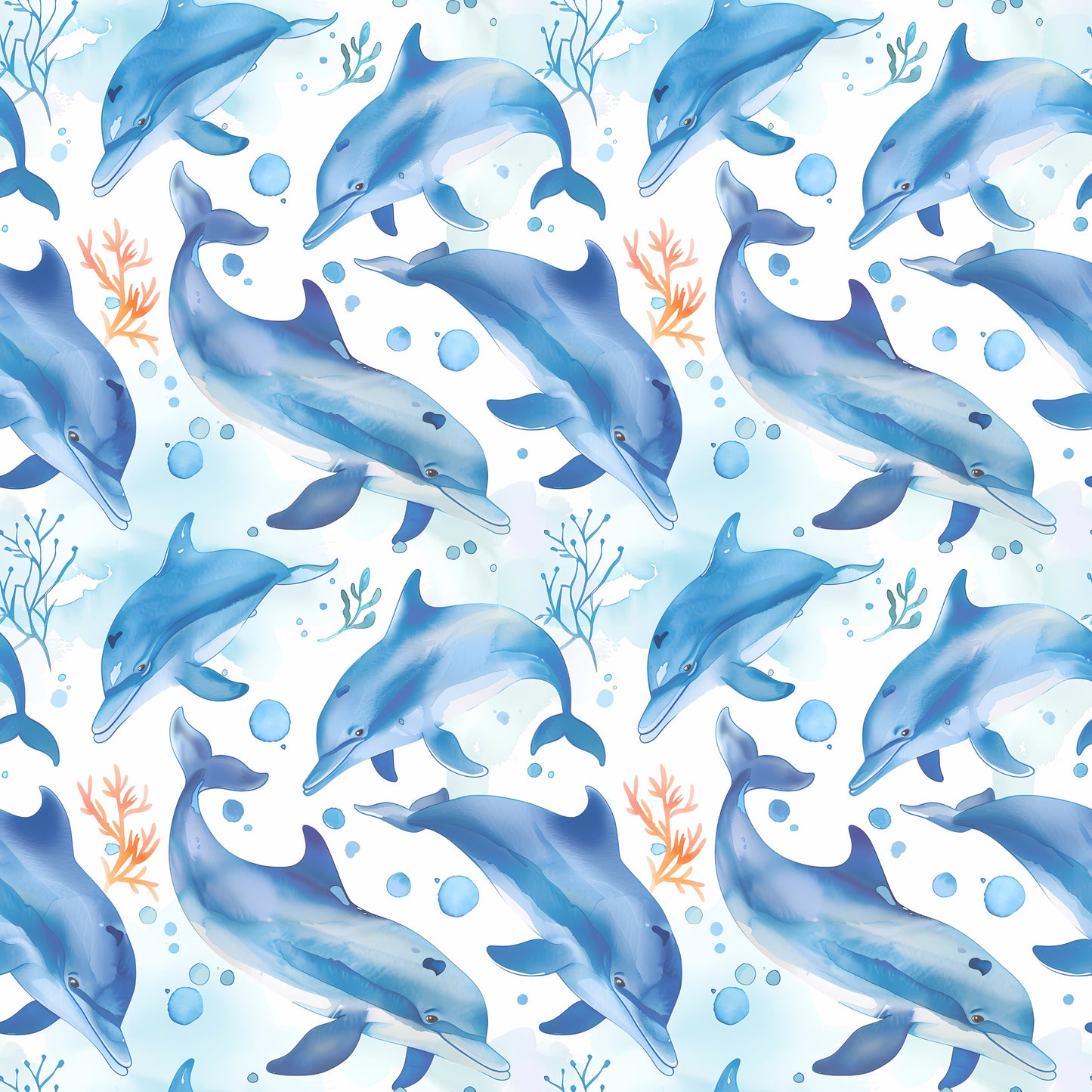 Pattern of blue dolphins and underwater elements on a light blue background
