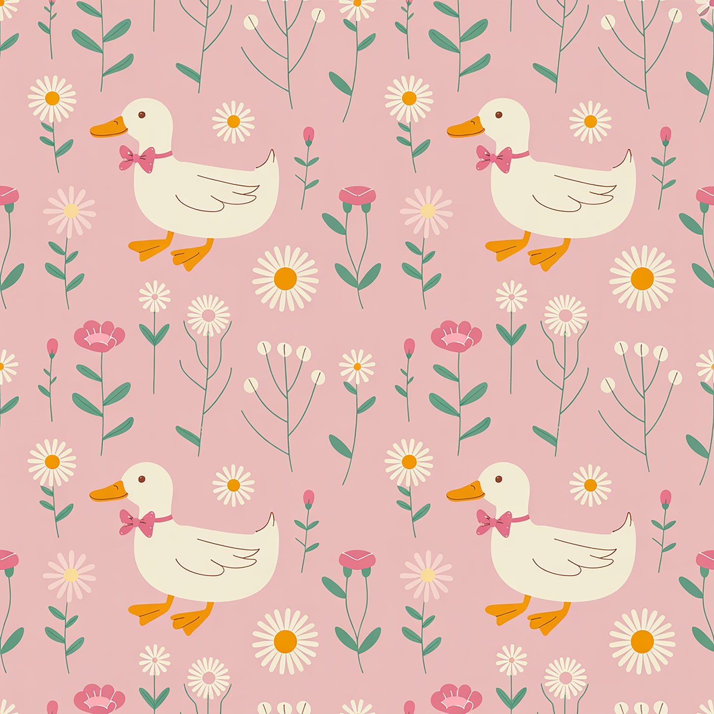 Pattern of ducks and flowers on a pink background