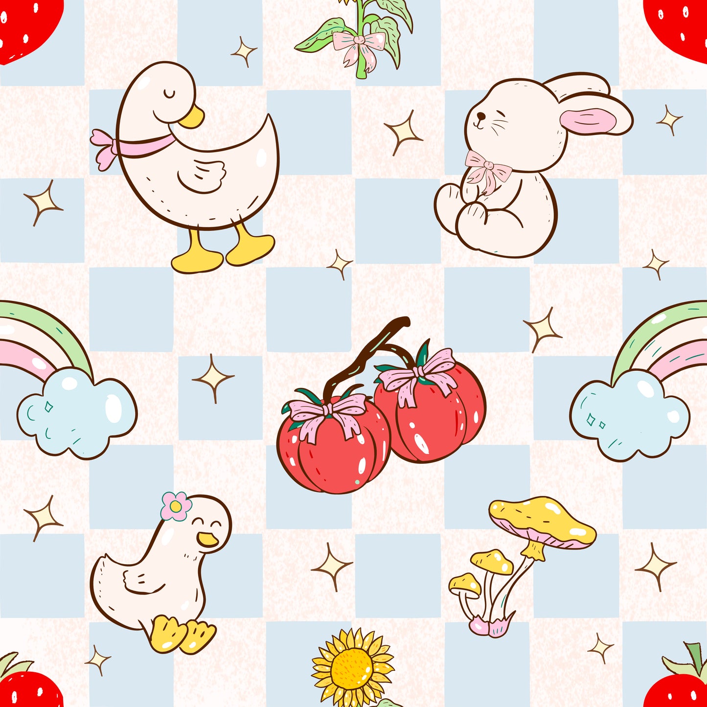 Pattern with cartoon animals, fruits, and plants on a checkered background