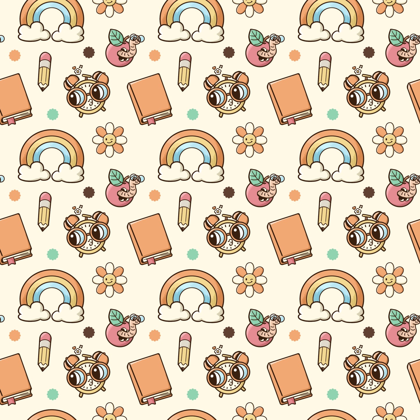 Pattern of cartoonish objects including books, clocks, rainbows, and flowers on a beige background.