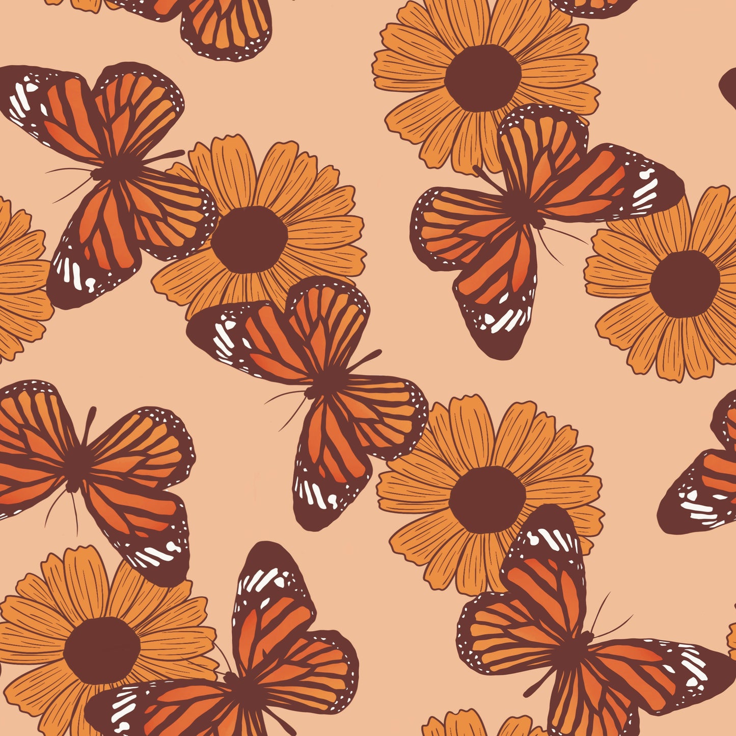 Pattern of orange butterflies and sunflowers on a dark beige background