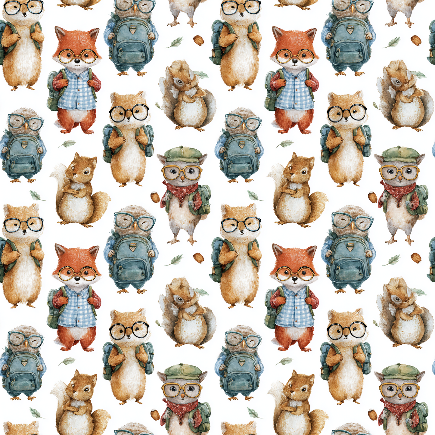 Pattern of cartoon animals like squirrels, foxes, and owls with backpacks and glasses on a white background.