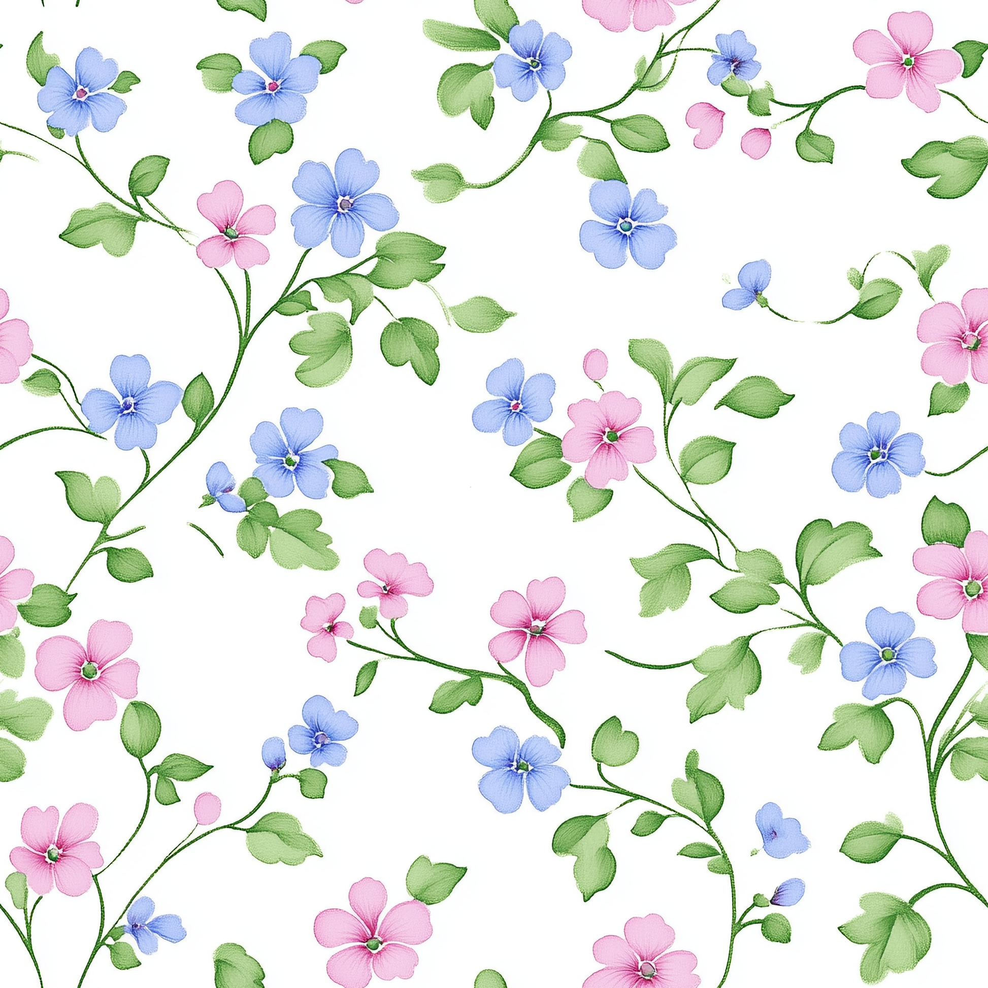 Pastel Pink & Blue florals on a green vine