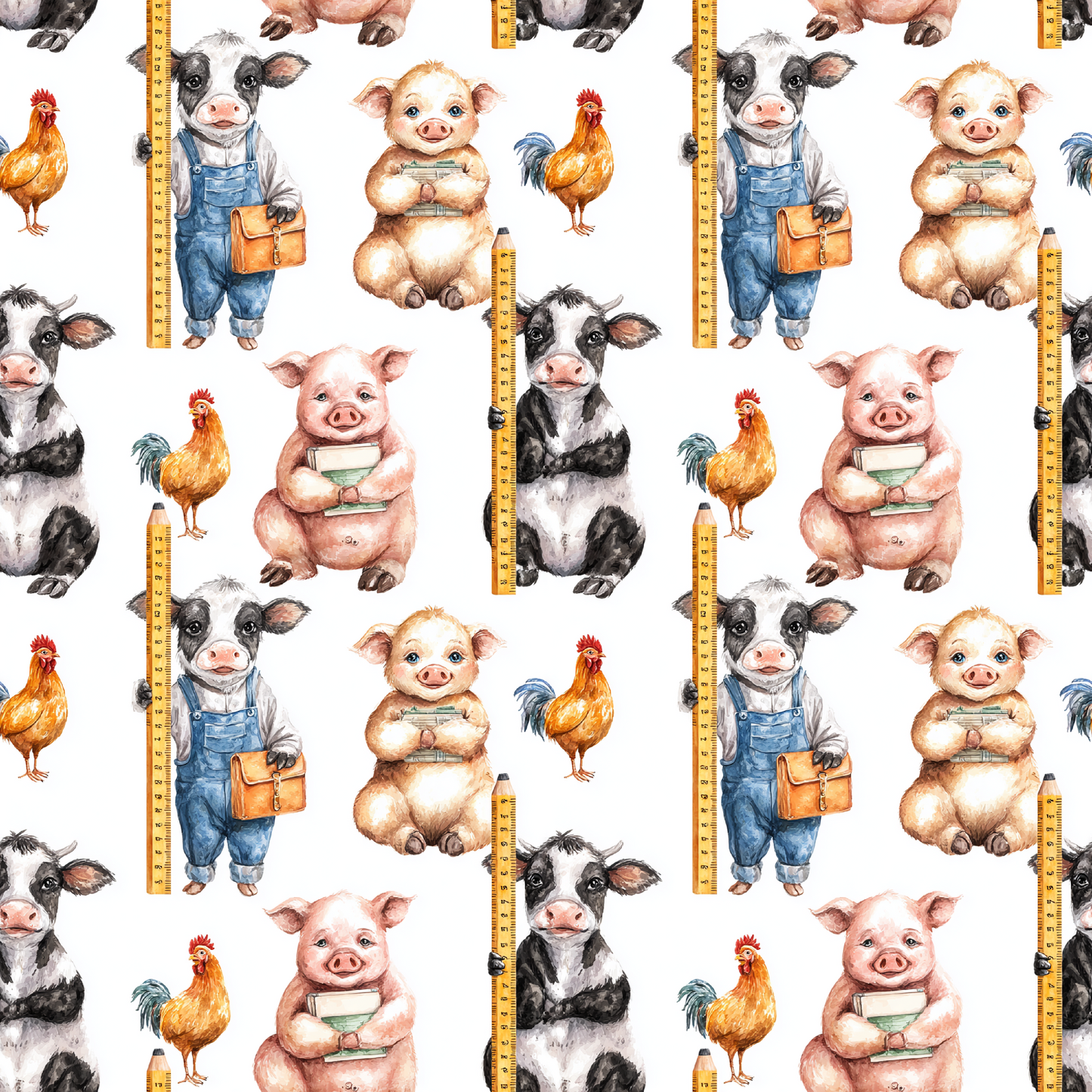 Pattern of farm animals including pigs, cows, and chickens with measuring tapes on a white background.