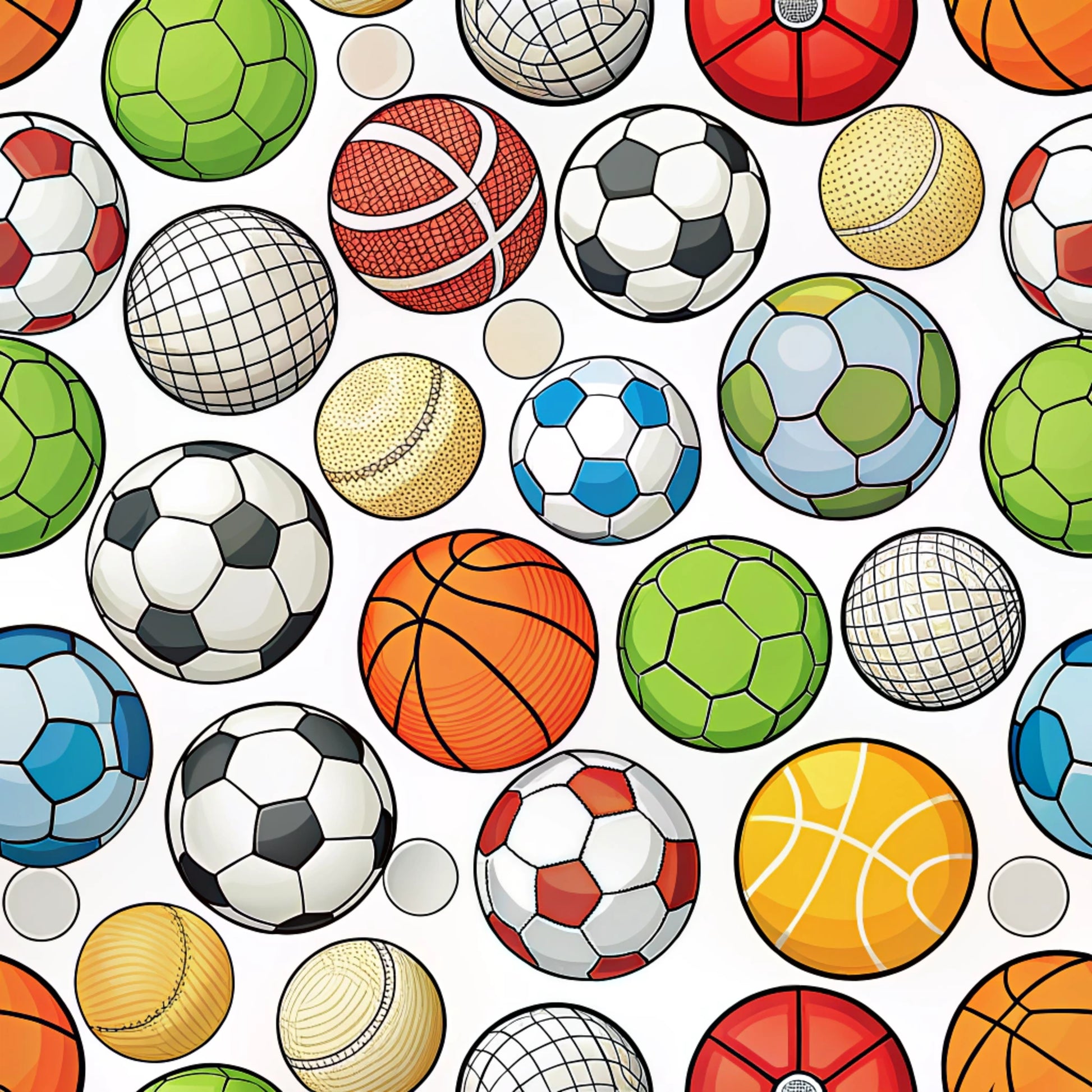 Pattern of various sports balls on a white background