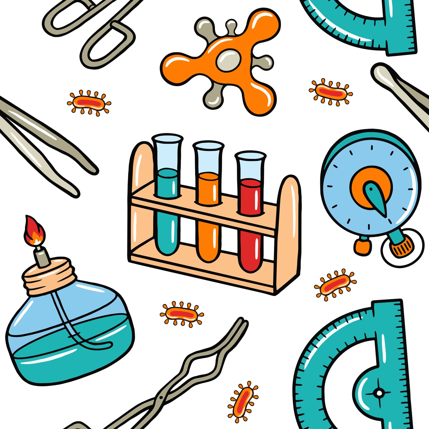 Illustrations of scientific equipment and tools on a white background