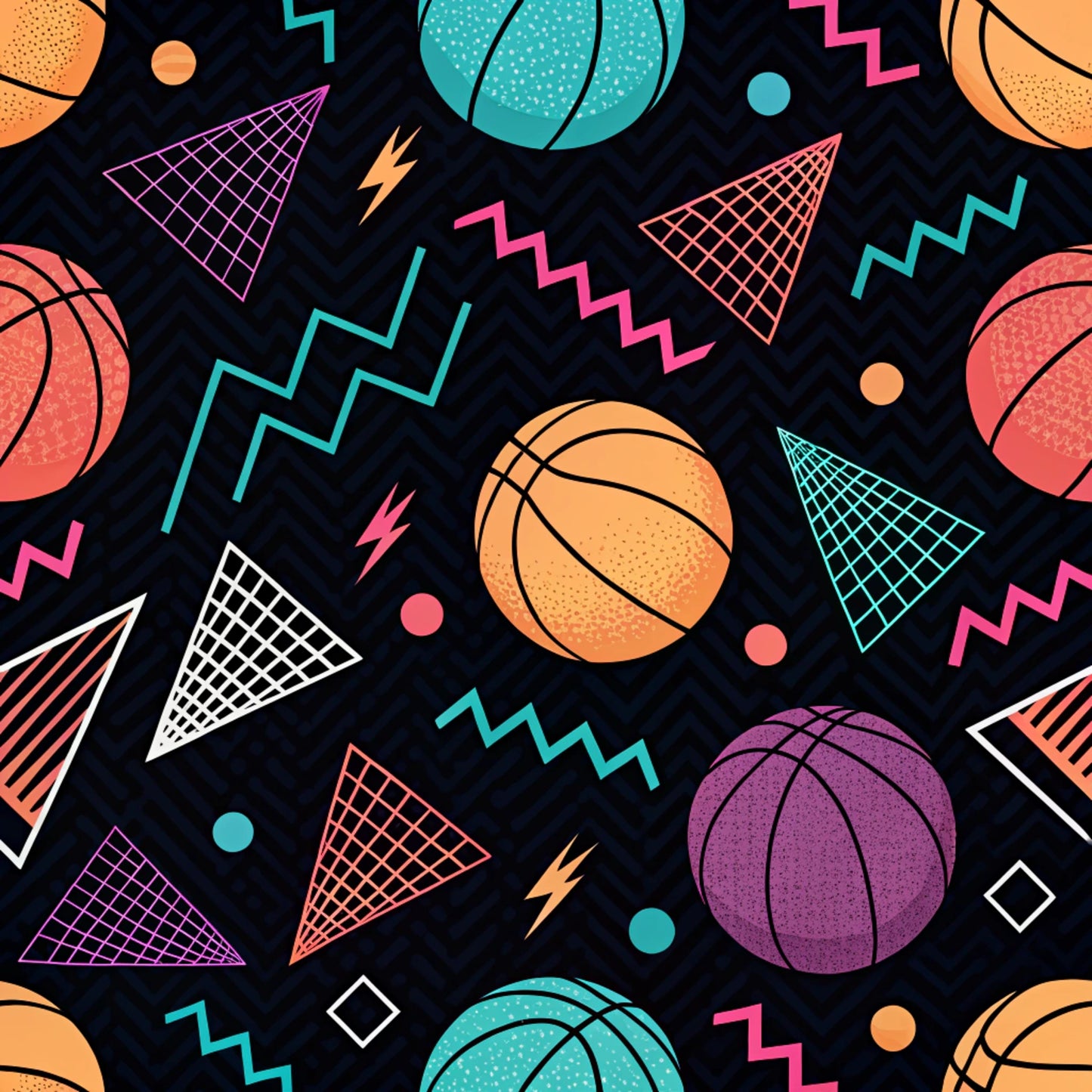 Colorful pattern of basketballs and geometric shapes on a black background