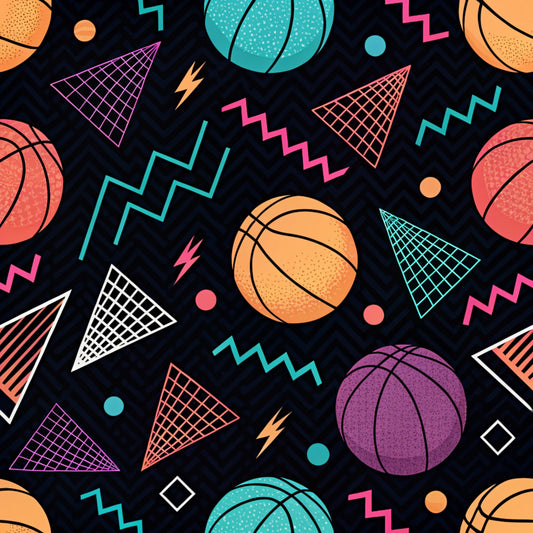 Colorful pattern of basketballs and geometric shapes on a black background