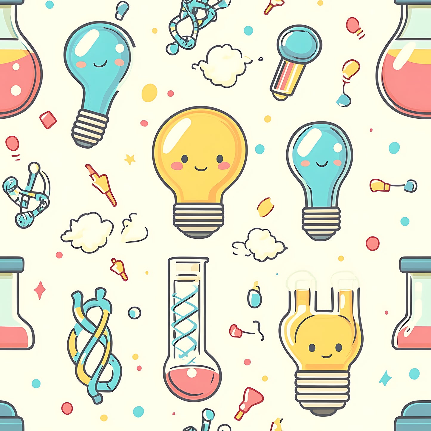 Colorful pattern of light bulbs, test tubes, and scientific symbols on a white background