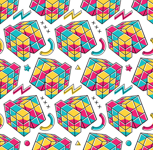 Pattern of colorful Rubik's Cube designs on a white background