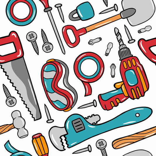Colorful pattern of various tools on a white background