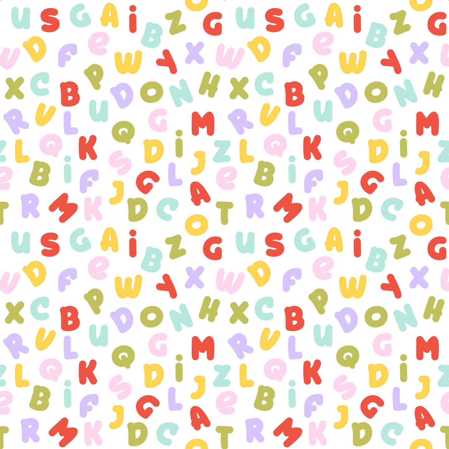Pattern of colorful letters on a white background