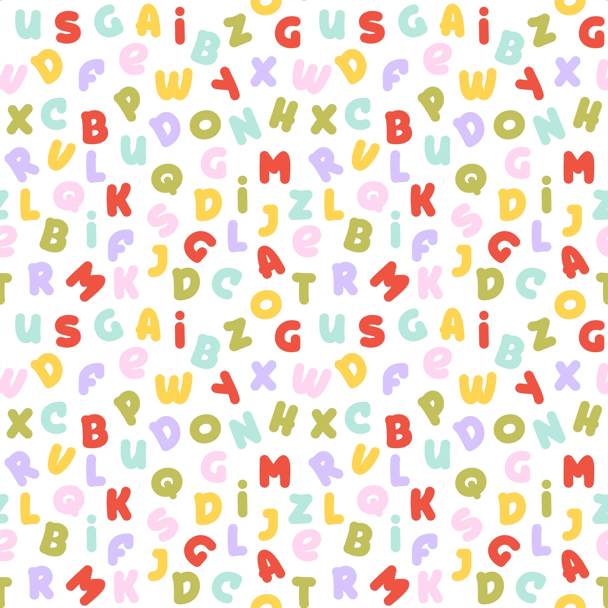 Pattern of colorful letters on a white background