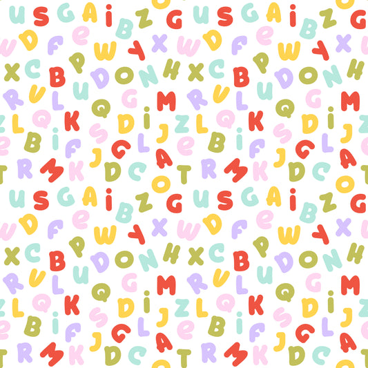 Pattern of colorful letters on a white background