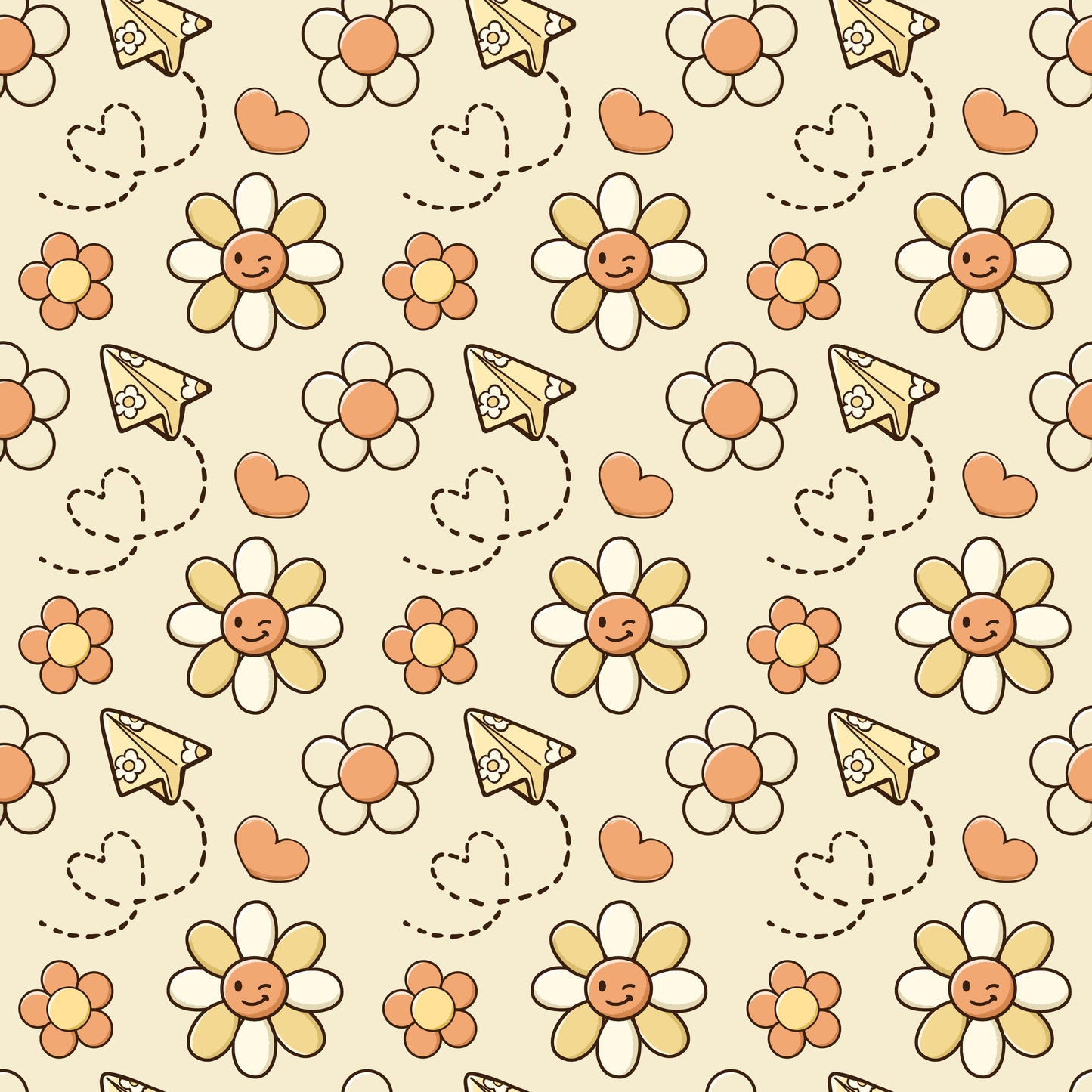 Pattern of smiling flowers, hearts, and paper airplanes on a beige background