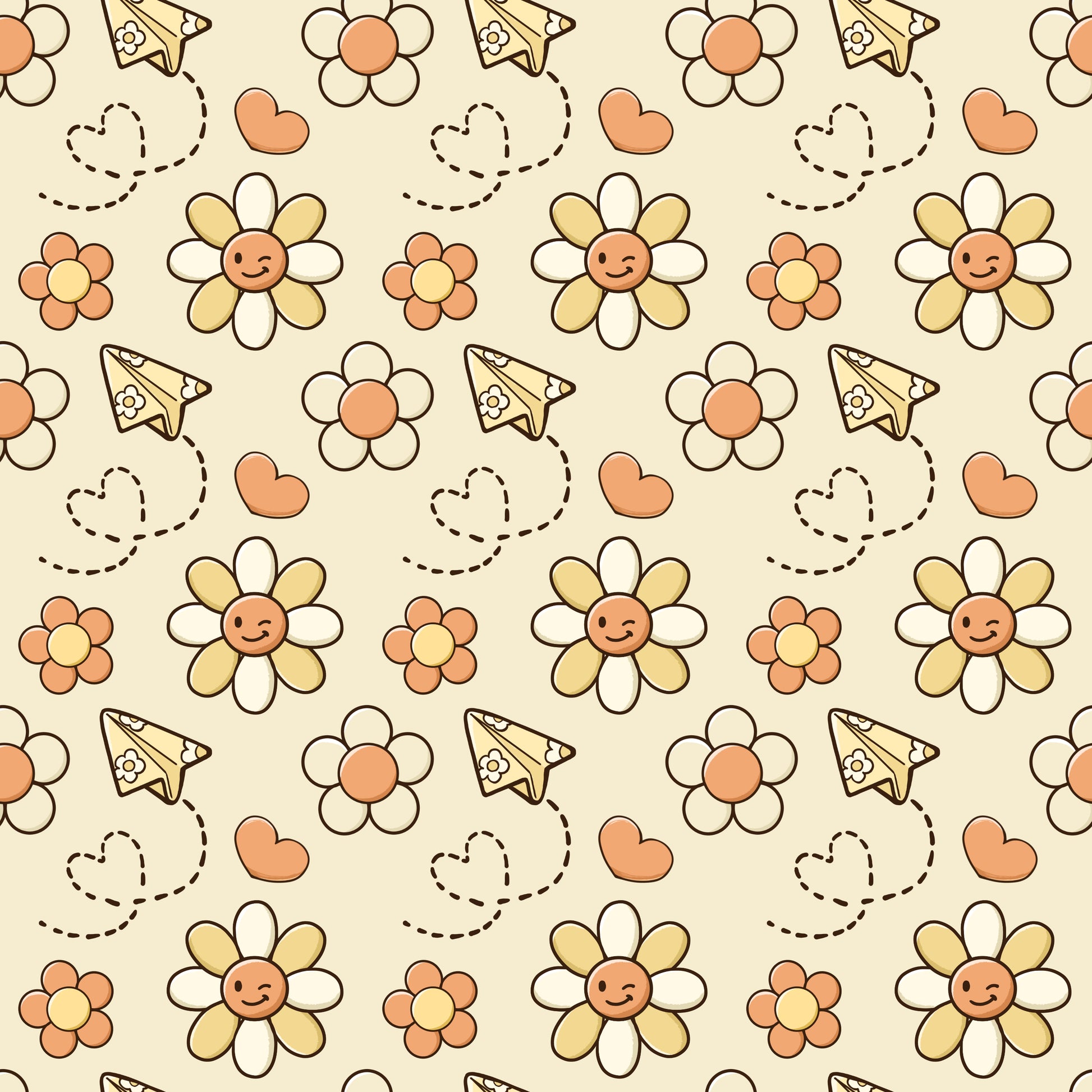 Pattern of smiling flowers, hearts, and paper airplanes on a beige background