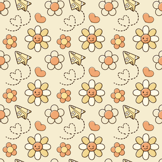 Pattern of smiling flowers, hearts, and paper airplanes on a beige background