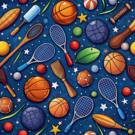 Colorful pattern of sports equipment on a blue background