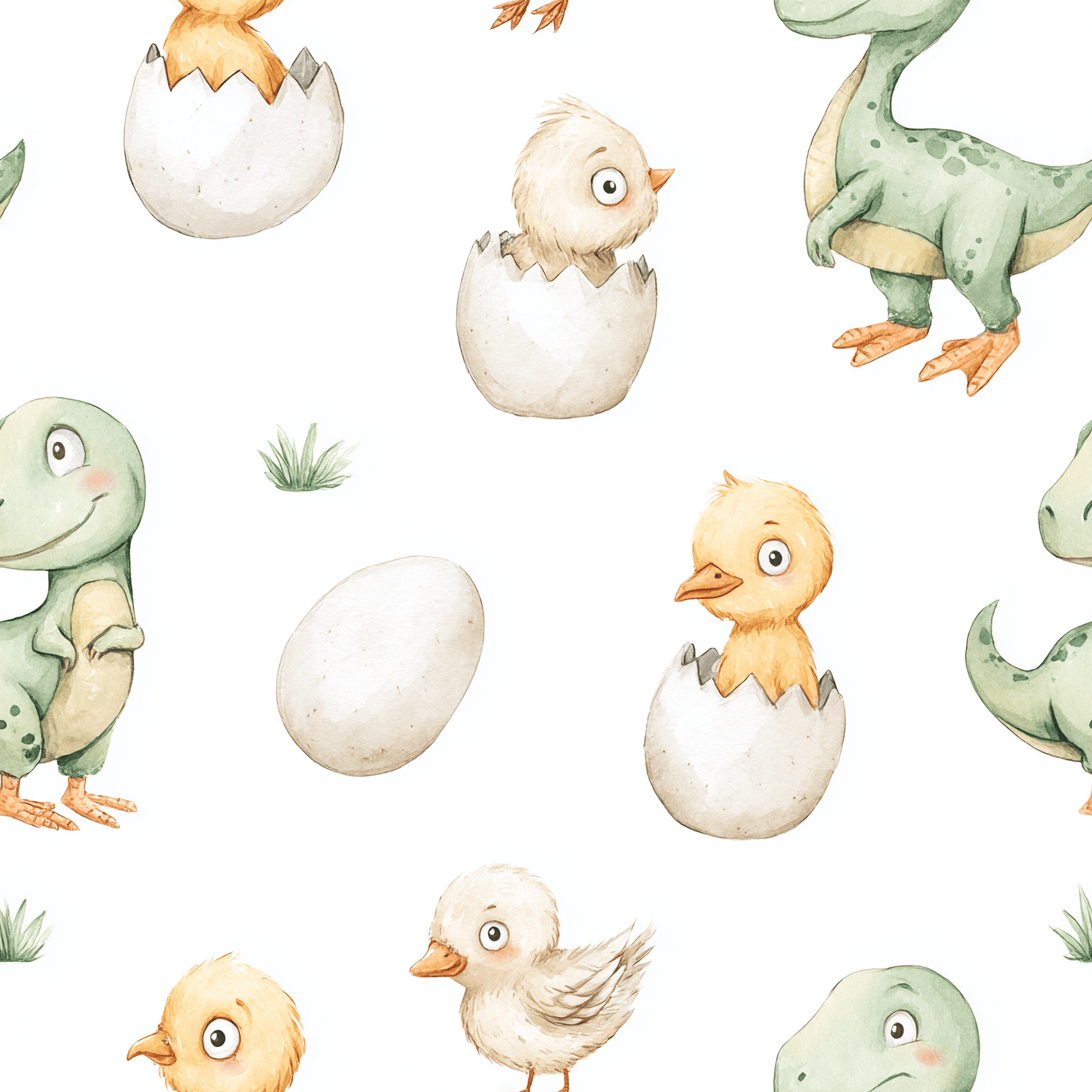 Pattern of baby dinosaurs and chicks hatching from eggs on a white background