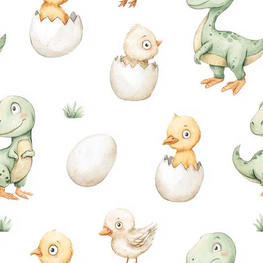 Pattern of baby dinosaurs and chicks hatching from eggs on a white background