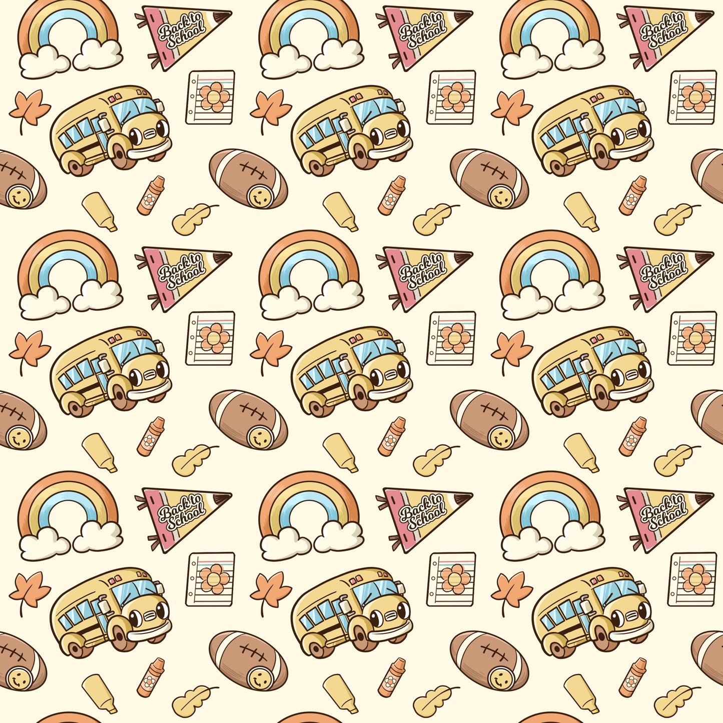 Pattern with school-themed elements including school buses, rainbows, and sports balls on a beige background.
