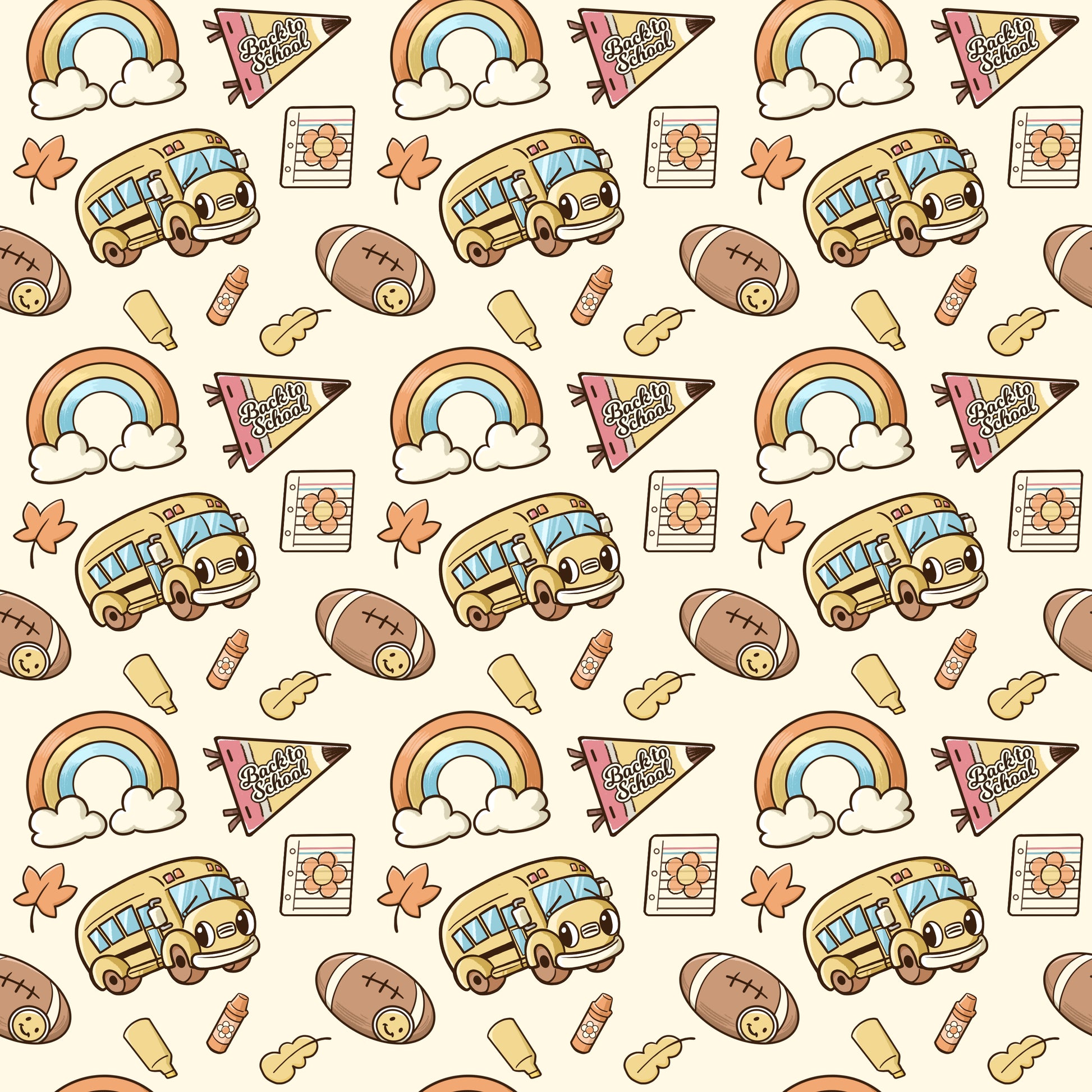 Pattern with school-themed elements including school buses, rainbows, and sports balls on a beige background.