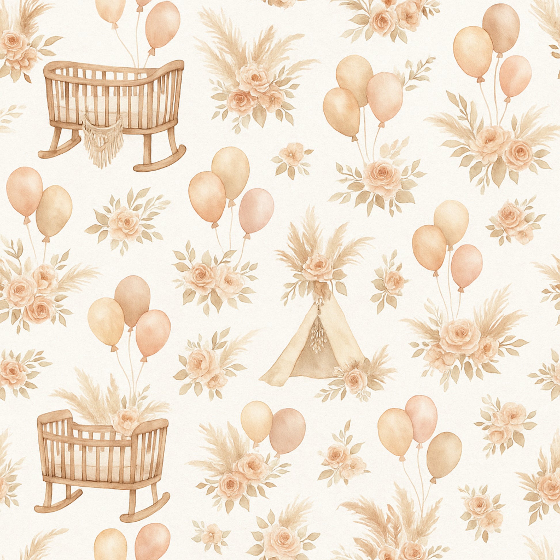 Pattern with baby cradles, balloons, and flowers on a light background