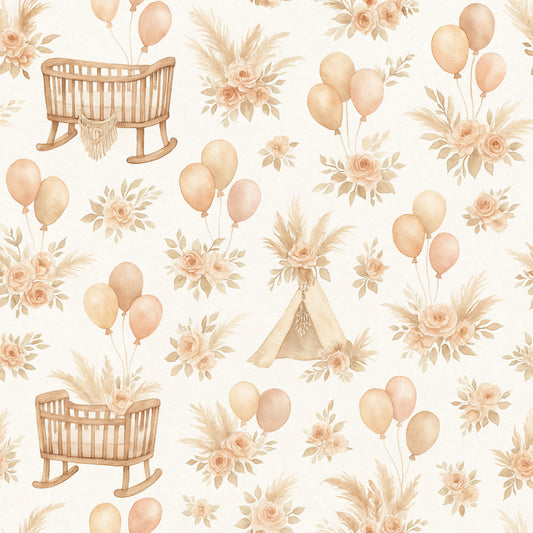 Pattern with baby cradles, balloons, and flowers on a light background