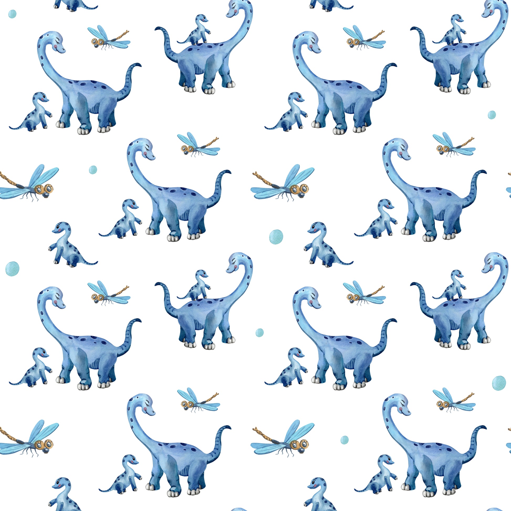 Pattern of blue dinosaurs and dragonflies on a white background