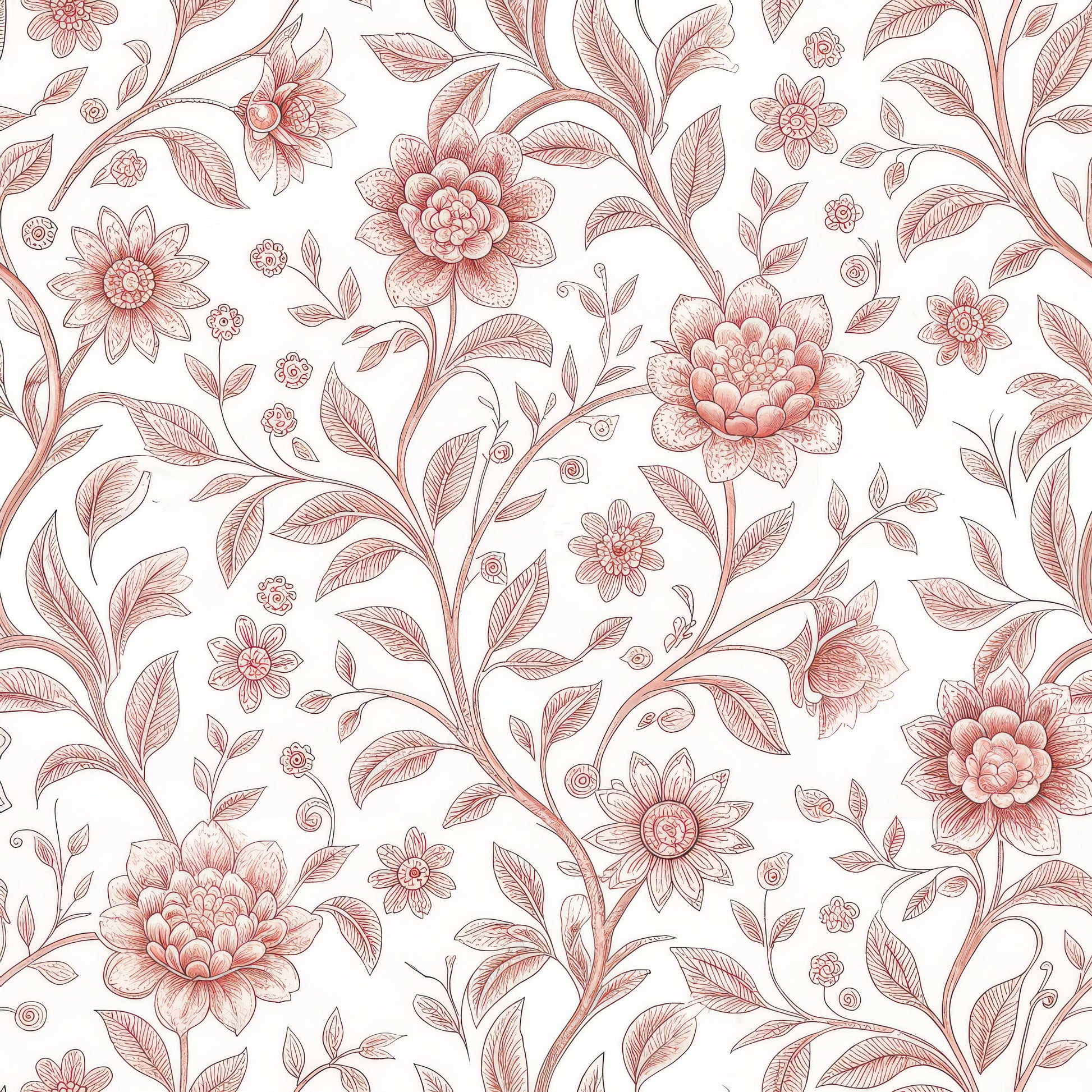 Floral pattern with pink flowers and leaves on a white background