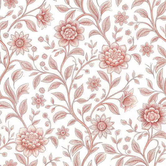 Floral pattern with pink flowers and leaves on a white background