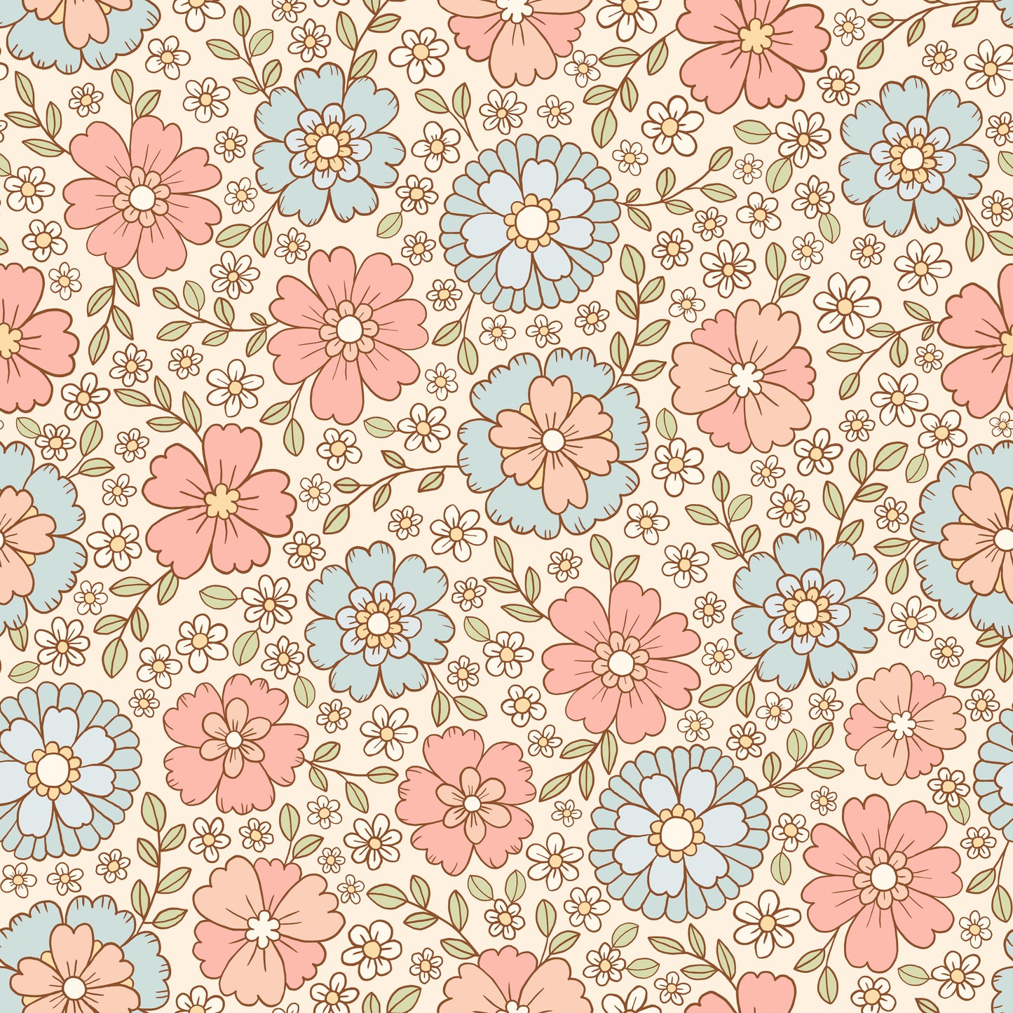 Pattern of pink and blue flowers on a beige background