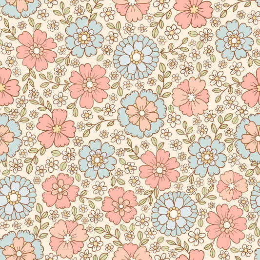 Pattern of pink and blue flowers on a beige background