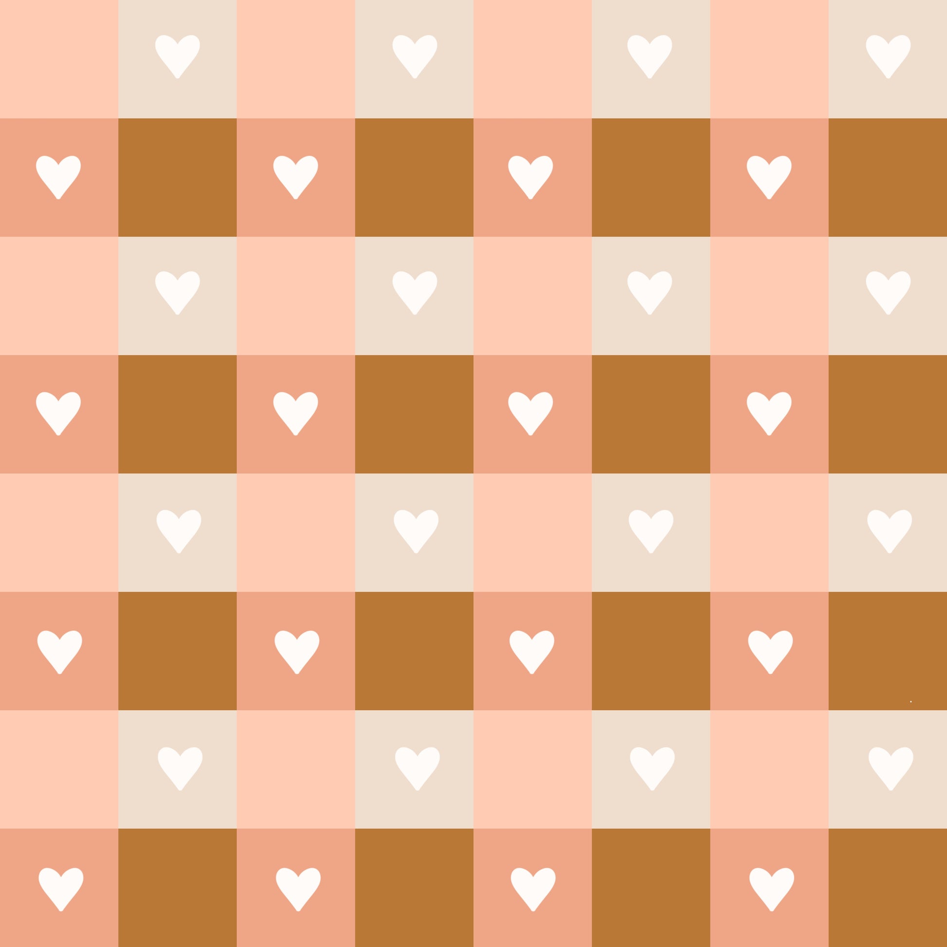 Checkered pattern with small white hearts on a pink and brown background