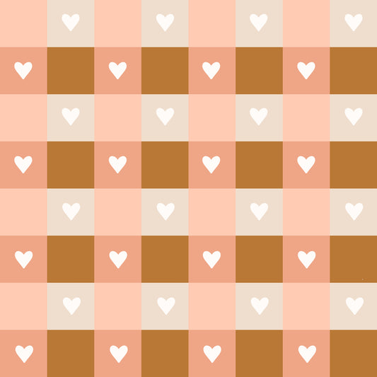 Checkered pattern with small white hearts on a pink and brown background