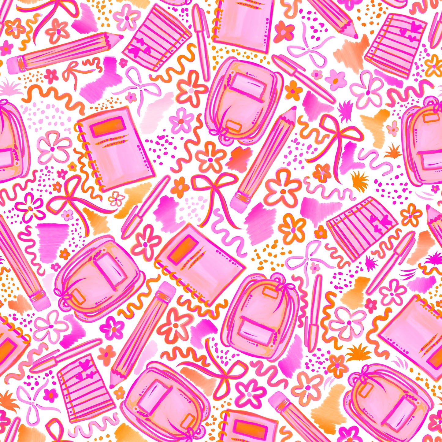 Colorful pattern with pink school supplies and decorative elements on a white background