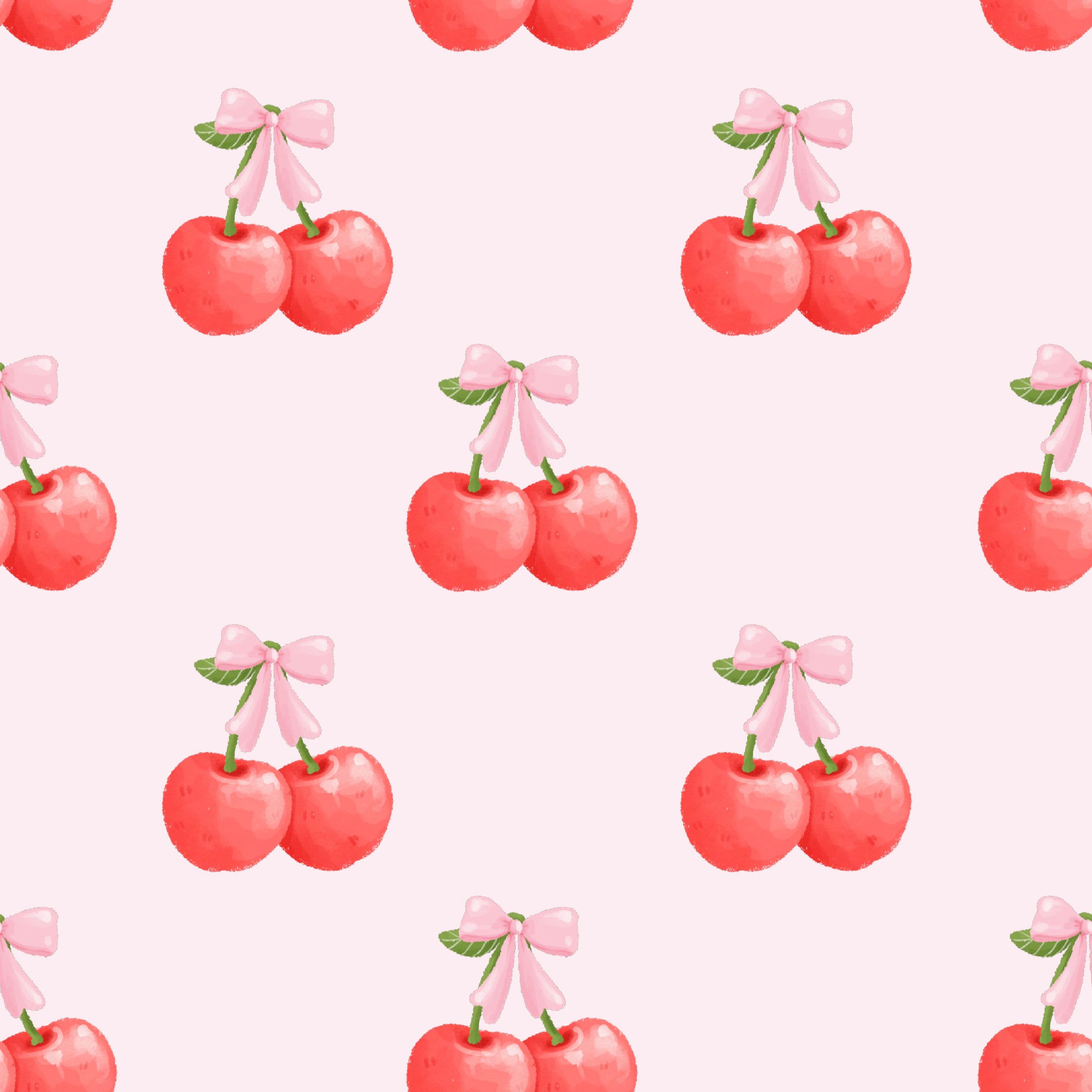 Pattern of cherries with pink bows on a light pink background
