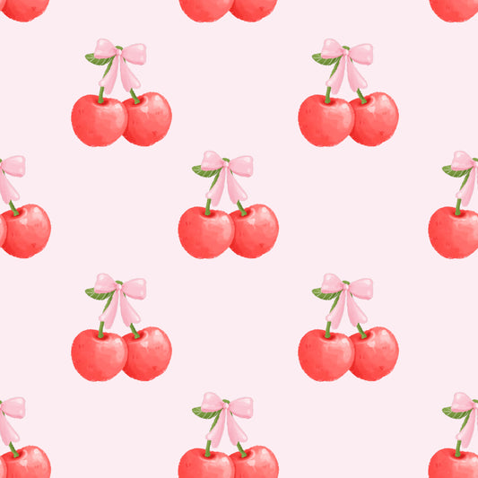 Pattern of cherries with pink bows on a light pink background