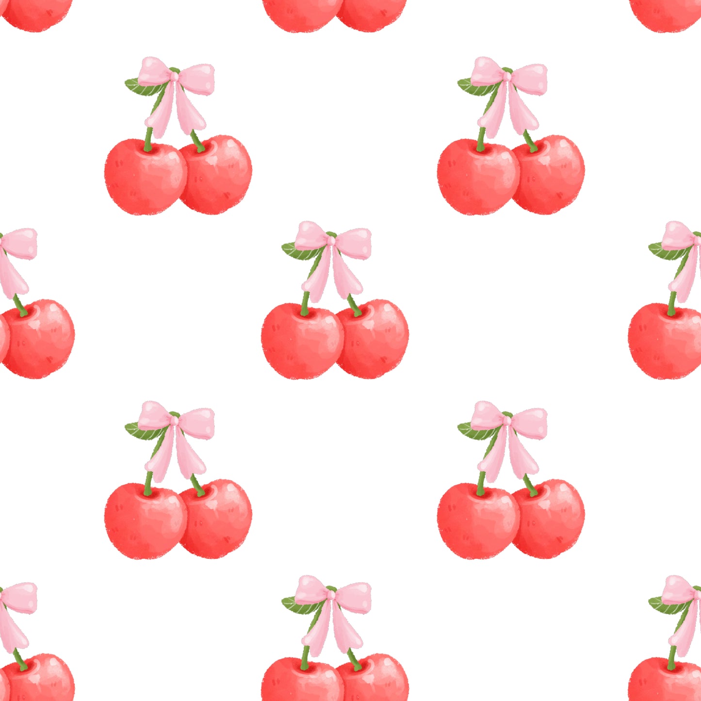 Pattern of cherries with pink bows on a white background