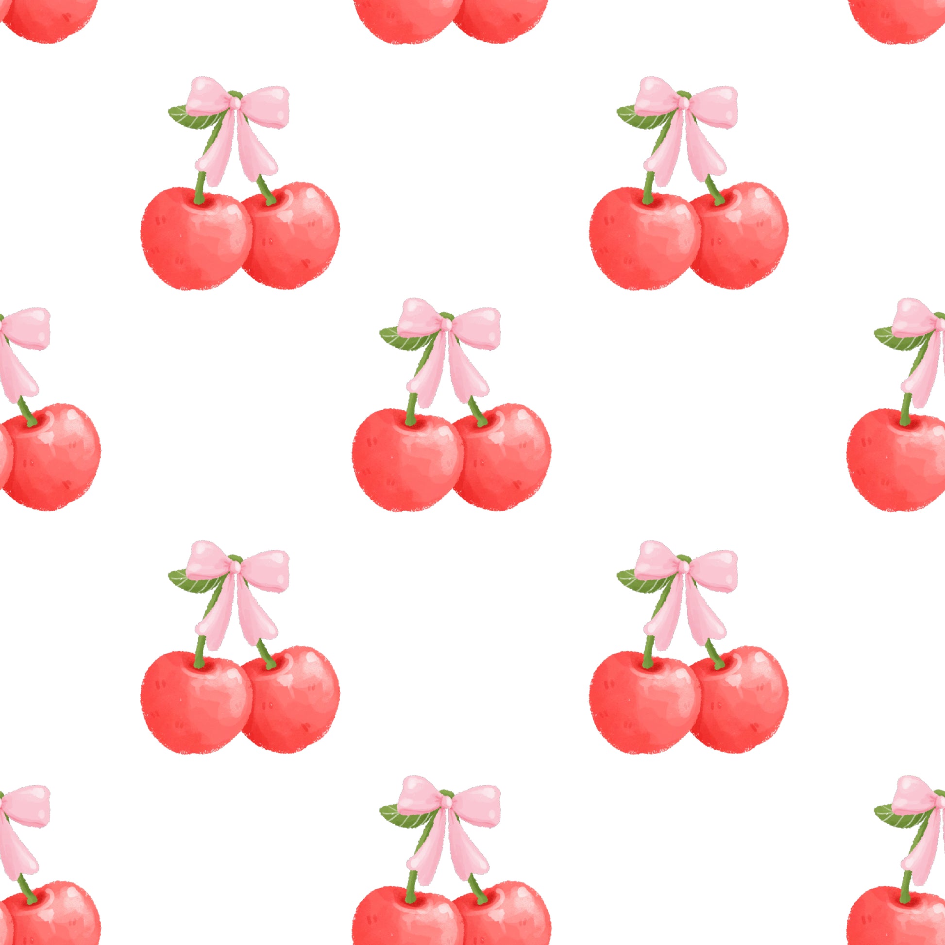 Pattern of cherries with pink bows on a white background