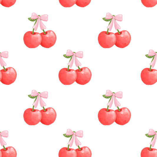 Pattern of cherries with pink bows on a white background