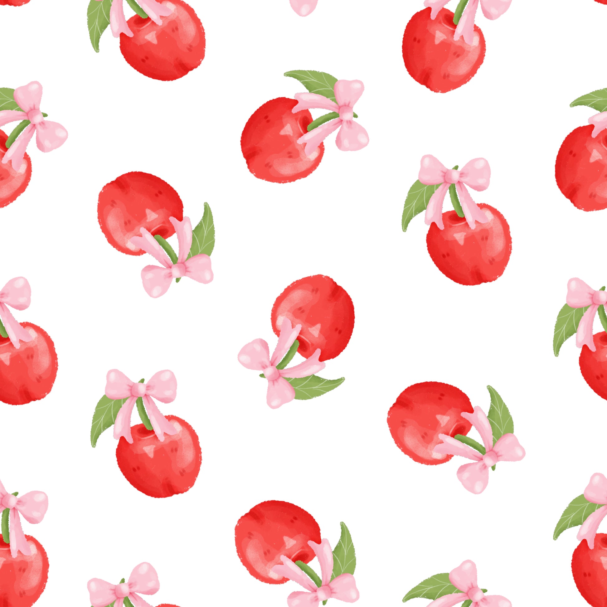 Pattern of red cherries with pink bows on a white background