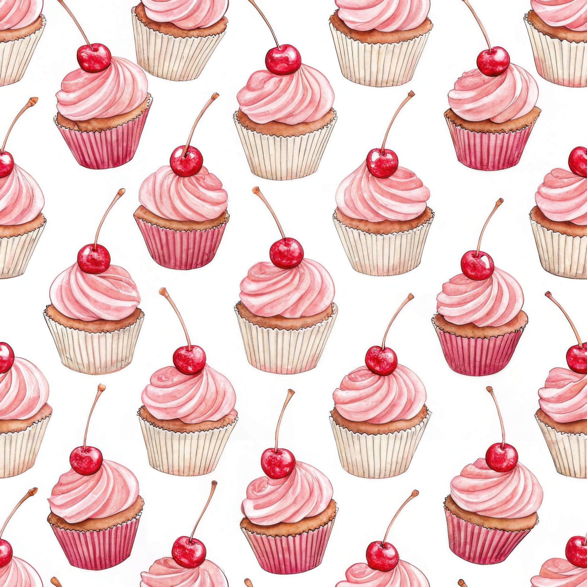 Pattern of pink cupcakes with red cherries on a white background