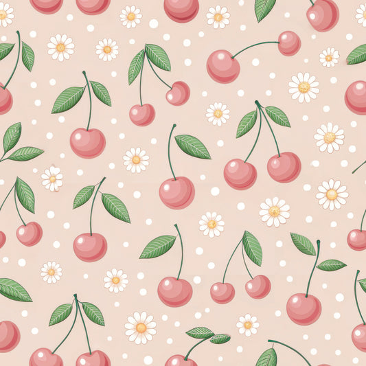 Pattern of cherries and daisies on a beige background